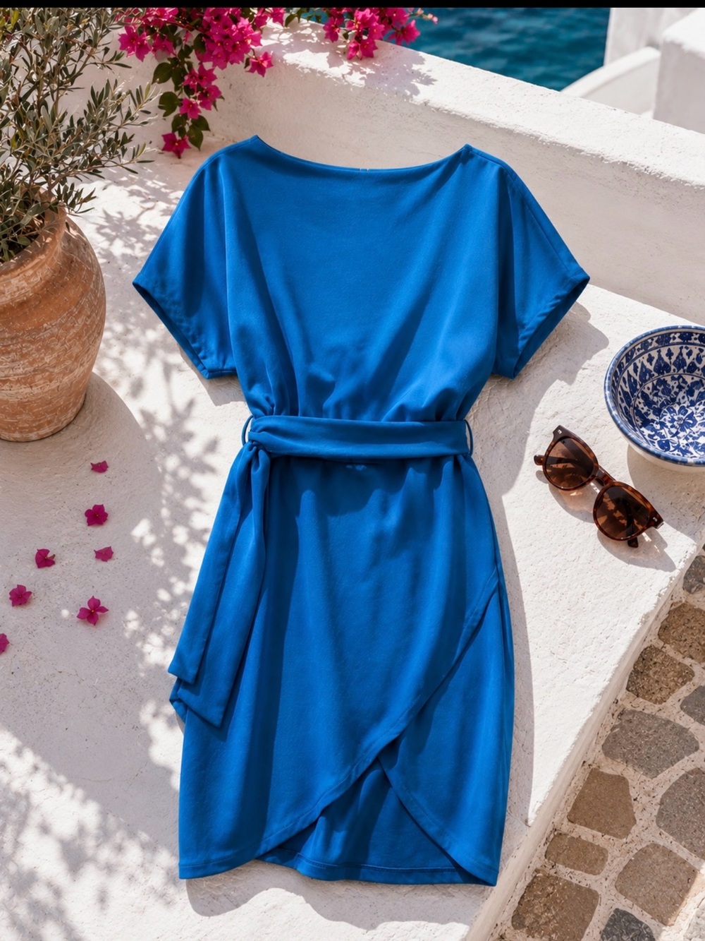 Kensie Royal Blue Short Sleeve Wrap Midi Dress with Waist Tie size 4